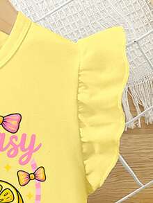 Girls' Fashion Fresh Lemon Flower Pink Bow Letter Pattern Printed Basic Flying Sleeve Short T Plus Cycling Pants Set - Multicolor - View 5