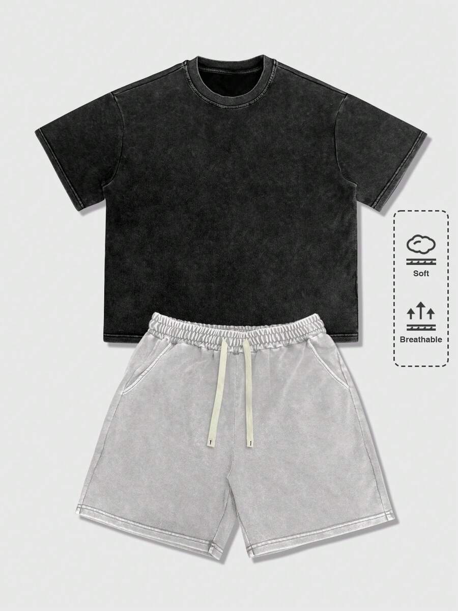 ROMWE MEN Essentials Men's Casual Minimalist Round Neck Short Sleeve T-Shirt And Drawstring Waist Pocket Shorts Set - Multicolor - View 1