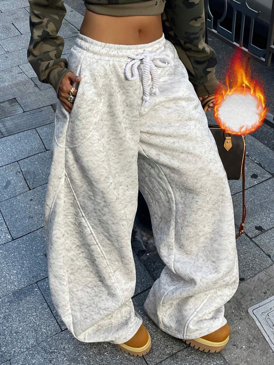 Coolane 男女款大尺碼秋冬街頭風休閒健身寬鬆中腰寬腿鬆緊腰灰色運動長褲