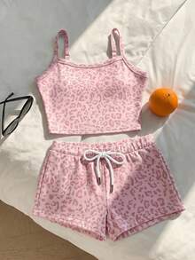 SHEIN EZwear 夏季復古粉色豹紋修身短版吊帶上衣與短褲套裝，夏季穿搭，適合日常通勤、約會、派對、秋冬/夏季、聖誕節、新年、感恩節、派對、婚禮、海灘、畢業、時尚、優雅、休閒、外出、約會、預約、通勤、亮麗、情人節 - 彩色 - 查看 7