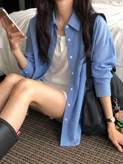 DAZY Women's Loose Colorblock Striped Long Sleeve Lapel Casual Vacation Spring Autumn Blouse Shirt