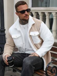 Manfinity Homme Men's Solid Color Contrast Trim Button Front Pocket Furry Long Sleeve Casual Jacket,Turtleneck Men,Men,Flannel Flannel,Winter - Multicolor - View 4