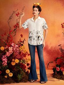 Glamance Frida Kahlo X SHEIN Women's Floral Print Casual Versatile Everyday Outing Blouse - White - View 6