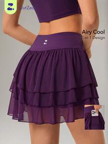 OutZeal Tennis Skirts Women Outdoor Skirts Ruffled Hem 2-In-1 Design Built-In Shorts With Pocket - Purple - View 1