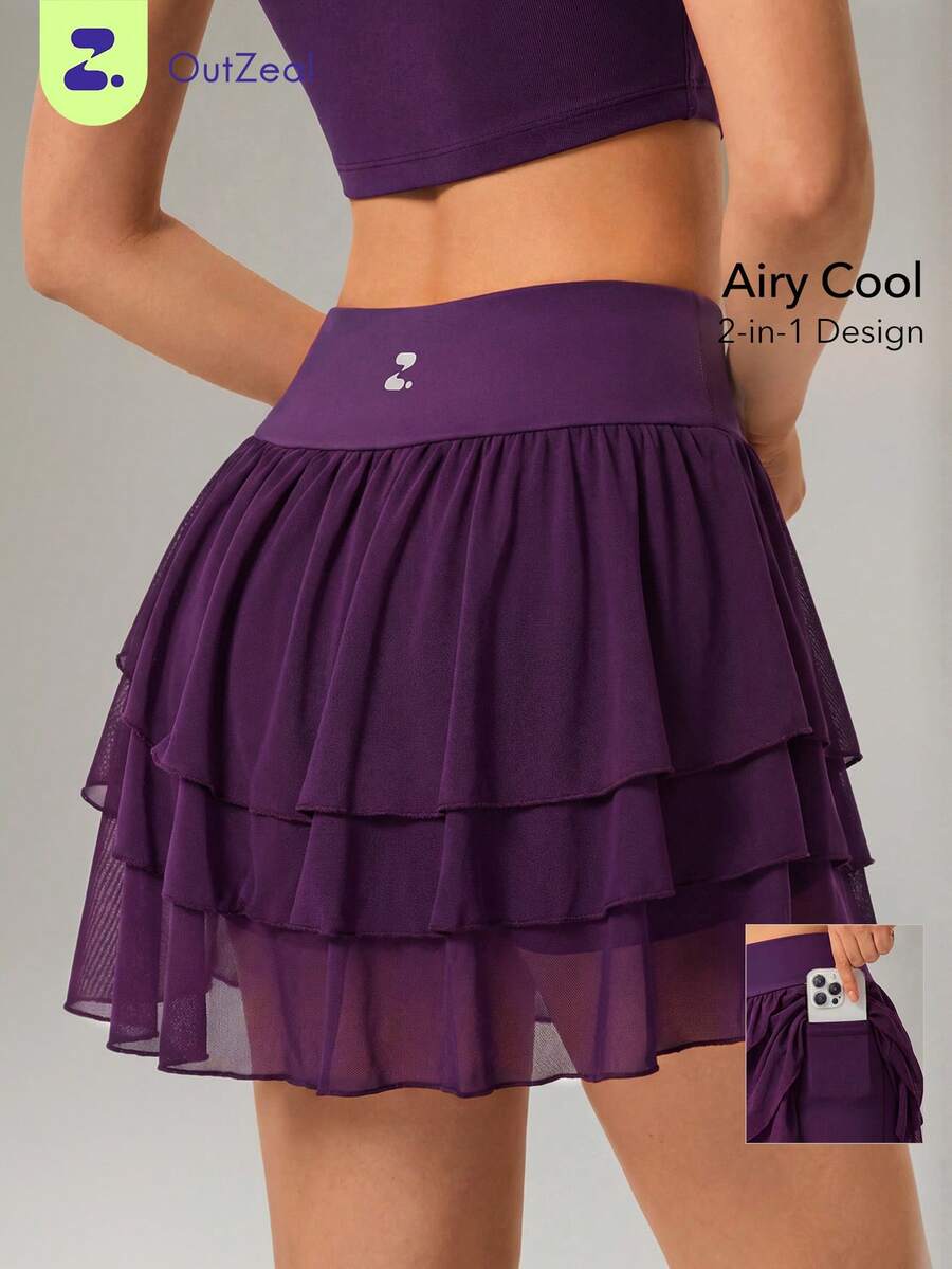OutZeal Tennis Skirts Women Outdoor Skirts Ruffled Hem 2-In-1 Design Built-In Shorts With Pocket - Purple - View 1