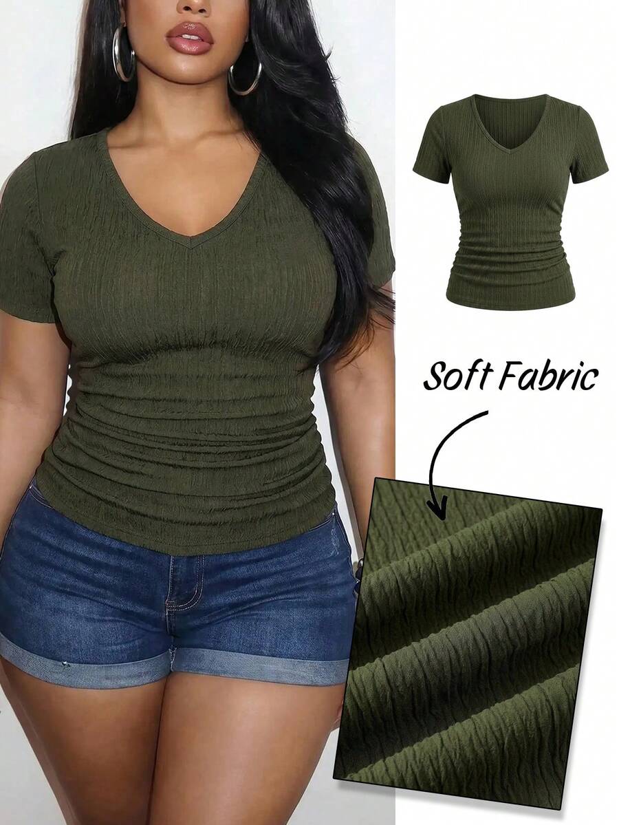 Slaydiva Plus Size Women Textured Fashion Pleated Versatile V-Neck Short Sleeve T-Shirt Island Vacation - Army Green - View 1