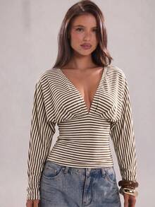 SHEIN BAE 女款深V領條紋拼接休閒日常上衣 - 咖啡棕 - 查看 3