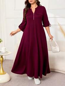Lacomfia Women's Front Zipper Long Sleeve Loose Comfortable Casual Home Wear Elegant Solid Color Spring Autumn Plus Size Dress - Burgundy - View 5