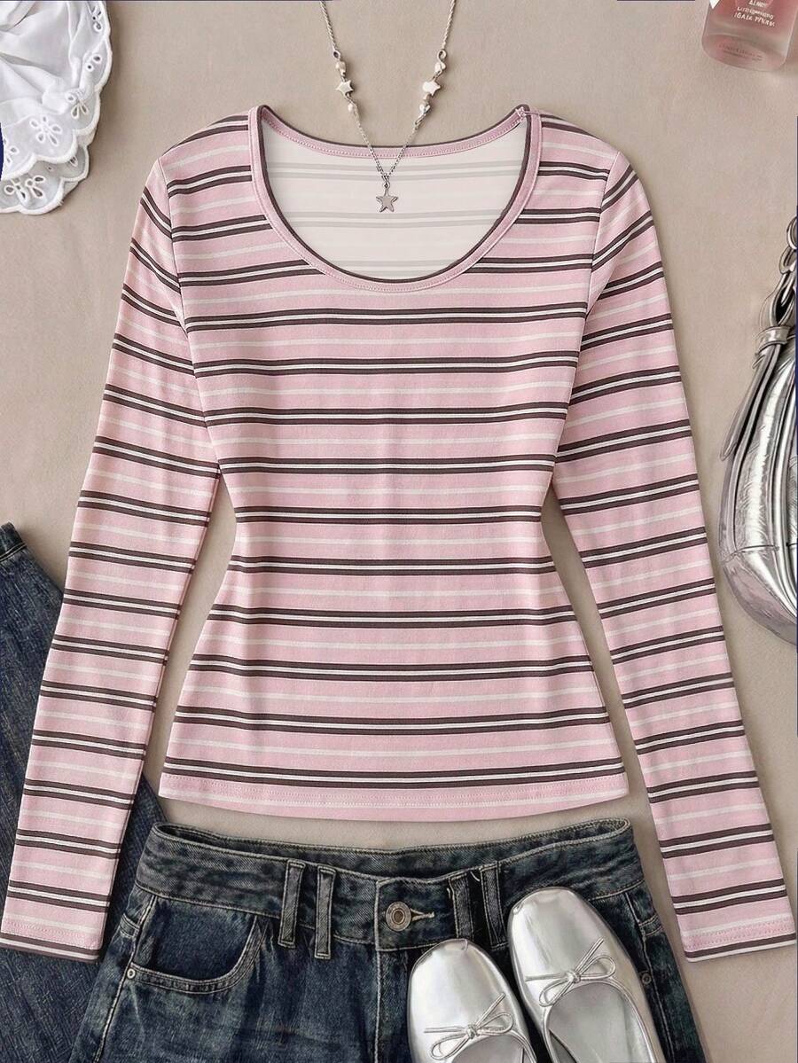 SHEIN 青少年女孩條紋長袖修身休閒T恤 - 粉色 - 查看 1
