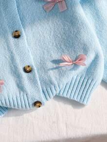 SHEIN Playful Pals 女童秋冬時尚手工蝴蝶結針織毛衣長袖粉色可愛時尚外套 - 淺藍色 - 查看 3