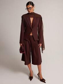 SHEIN BAE Brown Chiffon Scarf Blazer & Pants Set, Long Sleeve Elegant Two Pieces Suit Set For Office Fall, Elegant, Office Elegance - Brown - View 1