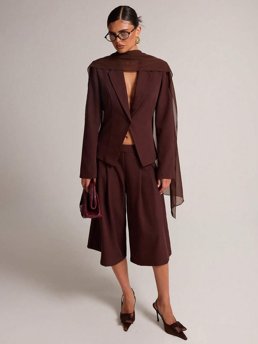 SHEIN BAE Brown Chiffon Scarf Blazer & Pants Set, Long Sleeve Elegant Two Pieces Suit Set For Office Fall, Elegant, Office Elegance - Brown - View 1