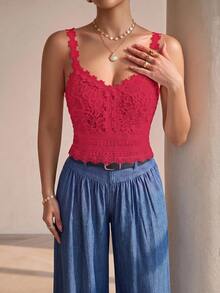 SHEIN Clasi 女士优雅度假风水溶性蕾丝修身吊带背心，夏季 - 紅色 - 查看 3