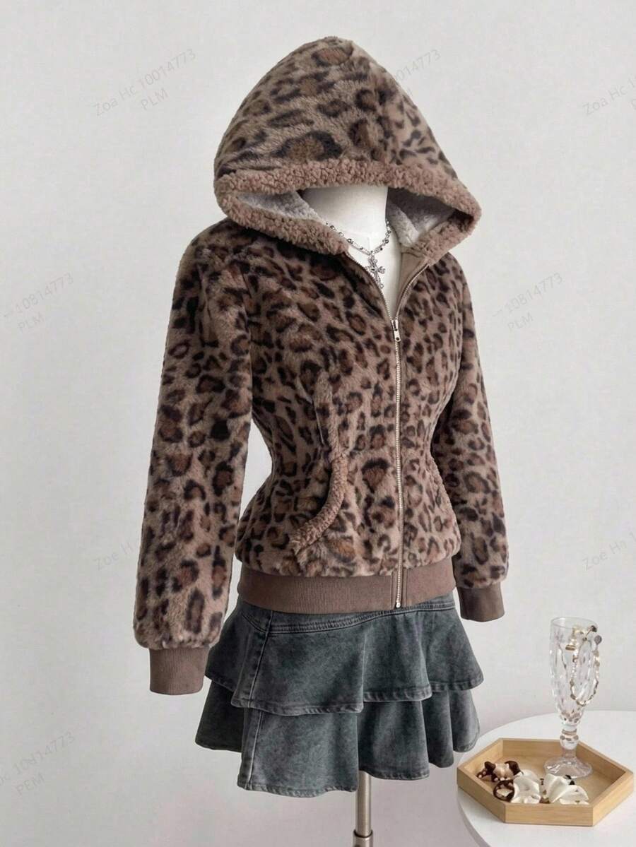 SHEIN Tween Girl Casual Leopard Print Plush Simple Versatile Everyday Jacket , Fall/Winter - Multicolor - View 1