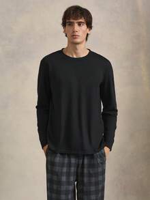 EverLounge 男士纯色T恤和格子印花长裤睡衣套装/家居服套装，舒适优雅的细节设计，秋冬服装 - 黑色 - 查看 3