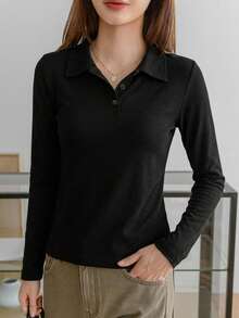 Dazy-Less 女款春夏長袖鈕扣修身純黑色棉質休閒百搭 Polo 領 T 恤 - 黑色 - 查看 4