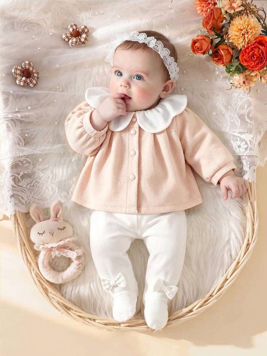 SHEIN 女嬰大衣與內搭褲套裝，新款彼得潘領秋冬兩件式套裝，女嬰羊毛外套