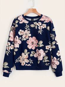 SHEIN LUNE 花卉印花落肩衛衣，秋冬長袖上衣，休閒風 - 藏蓝色 - 查看 1