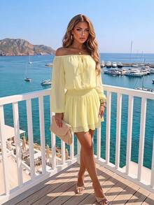 Sunnyshic Women's Autumn Pale Yellow Chiffon Off-Shoulder Mini Dress, Beach Vacation Outfit, Italian Rave - Yellow - View 1
