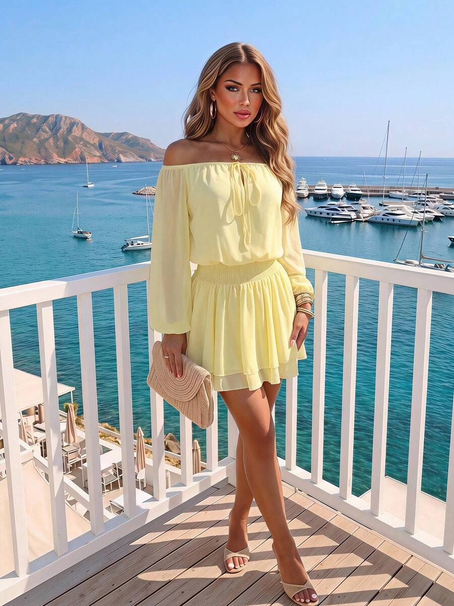 Sunnyshic Women's Autumn Pale Yellow Chiffon Off-Shoulder Mini Dress, Beach Vacation Outfit, Italian Rave - Yellow - View 1