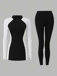 SHEIN With My Calm Middle Eastern Style 2-Piece Colorblock Long Pants & Long Sleeve Women's Sports Set - Multicolor - View 6