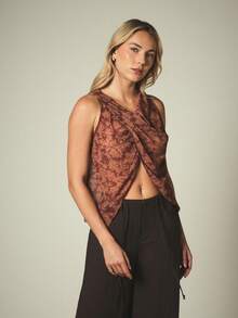 KSTM Floral Jacquard Cowl Neck Sleeveless Crop Top With Twist Front Cutout Detail For Date Night - Multicolor - View 2