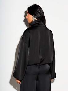 KIZN Satin Bomber Jacket With Mandarin Collar Frog Clasp Closures Oversized Fit Blouson Sleeves Luxe Finish - Black - View 3
