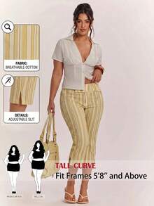 SHEIN Tall CURVE Plus Size Women's Striped Patchwork Casual Versatile Daily Wear Capris - Multicolor - View 2