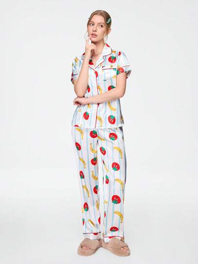 Bonmuse Women's White & Blue Striped Tomato Banana Cartoon Print Collared Short Sleeve Long Pants Pajama Set, Casual Home Wear
