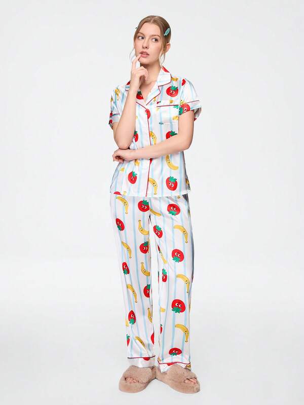 Bonmuse Women's White & Blue Striped Tomato Banana Cartoon Print Collared Short Sleeve Long Pants Pajama Set, Casual Home Wear