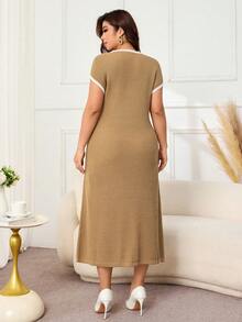 Lacomfia Plus Size Women's Colorblock Round Neck Short Sleeve Faux Cashmere Knit Dress - Camel - View 2