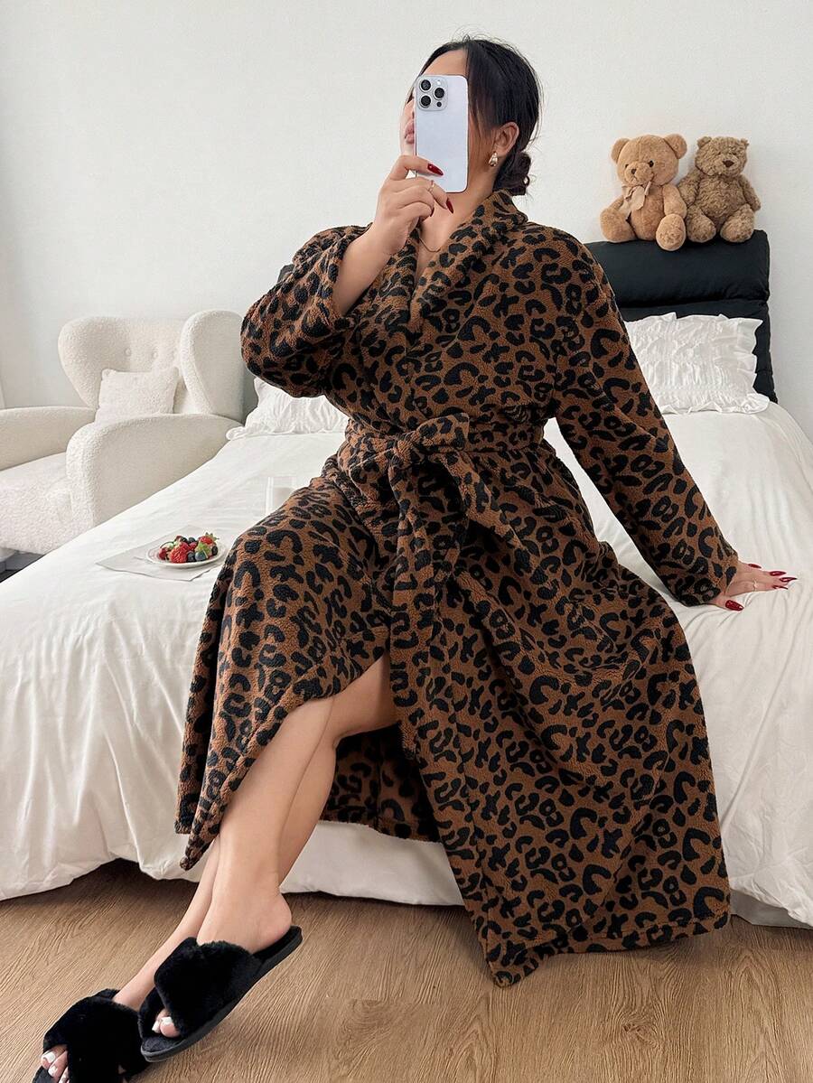 Napfluff CURVE Napfluff CURVE Women's Plus Size Casual Lapel Leopard Print Jacquard Fleece Long Robe, Autumn/Winter - Multicolor - View 1