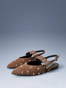 CUCCOO GRLICON Khaki Brown Suede Pointed Toe Rivet Rear Trip Strap Flat Shoes Women's Soft Sole Comfortable Commuting Versatile Low Vamp Shoes Fall Shoes - Khaki - View 2