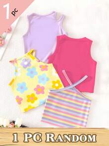 (4 piezas aleatorias, se envía 1 pieza) Camiseta básica de tirantes para niñas jóvenes con patrón colorido de flores, margaritas, arcoíris, cara y corazón, cómoda para uso diario en verano - Morado - Ver 2