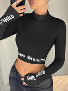 SHEIN ICON 黑色 Gorpcore 立領拇指孔挖空字母 T 恤 - 黑色 - 查看 3