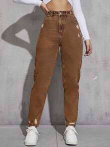 EMERY ROSE Jeans de mezclilla casuales lavados y desgastados - Café integral - Ver 4