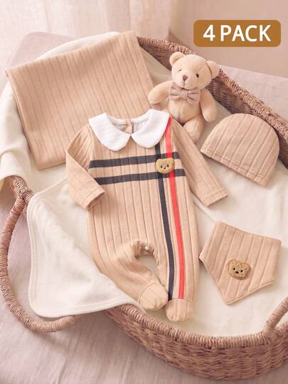 SHEIN 4pcs Newborn Baby Boy Footed Romper Hat Bib Blanket Gift Set Preppy Khaki Ribbed Bear Stripe Long Sleeve Collar Regular Autumn Cozy First Birthday