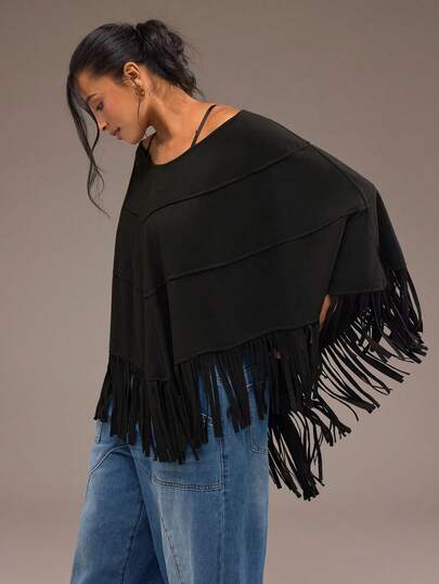 Freevana Plus-Size Women's Black Fringed Sweatshirt, Loose-Fitting Top, Perfect For Casual Everyday Wear,  Boho, Suitable For Spring, Summer, And Early Autumn.