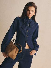 Poéselle Women's Fashion Street Button Bow Tie Lace-Up Denim Top - Dark Wash - View 8