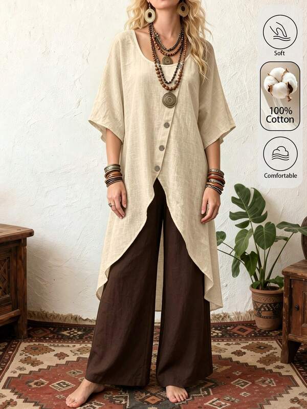 Omancia Women's New Chinese Style Textured Linen Asymmetric Hem Bell Sleeve Top And Wide Leg Pants Set, Loose Fit Flattering Commuter Two Pieces Outfit