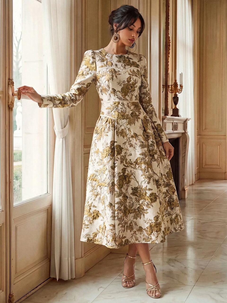 Anewsta Elegant Banquet Jacquard Women's Gold Woven Dress