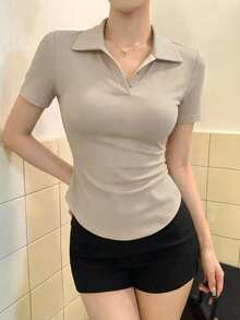 DAZY 夏季秋季修身優雅休閒領短袖女款 Polo T恤 日常米色薄款上衣 - 杏色 - 查看 4