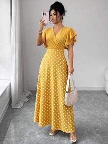 Selianne 女款春夏優雅黑色拼接圓點V領百褶荷葉袖修身高腰顯瘦喇叭長洋裝 - 黃色 - 查看 6