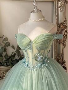 Lovelzi Women's 3D Floral Decor Mesh Ball Gown Dress - Green - View 3