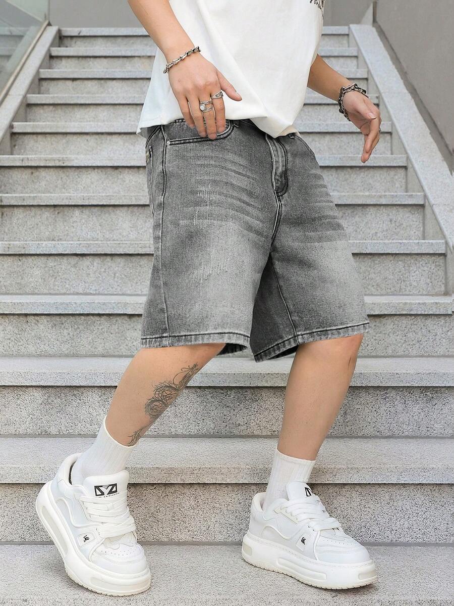 Manfinity EMRG 男士夏季水洗灰色牛仔短褲,時尚寬鬆寬腿短褲 - 灰色 - 查看 1