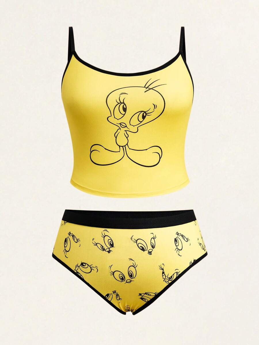 LOONEY TUNES X SHEIN 大尺碼女款卡通印花內衣內褲套裝 - 黃色 - 查看 1