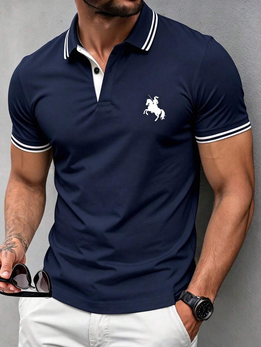 Manfinity Dauomo 男士户外Polo衫,藏蓝色,夏季,商务休闲,展现成熟男士魅力,图案设计,马匹印花,男士必备,百分百吸睛,日常、假日、约会皆宜 - 藏蓝色 - 查看 1