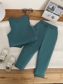 SHEIN 2-Piece Young Boys Gentleman Suit, Vest & Elastic Waist Long Pants, Fall Winter Wedding Party Graduation Formal - Dark Green - View 3