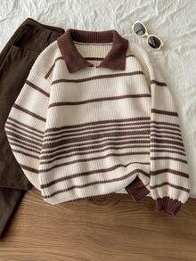GlowEve CURVE Women's Collared Striped Colorblock Versatile Casual Everyday Pullover Sweater - Apricot - View 1