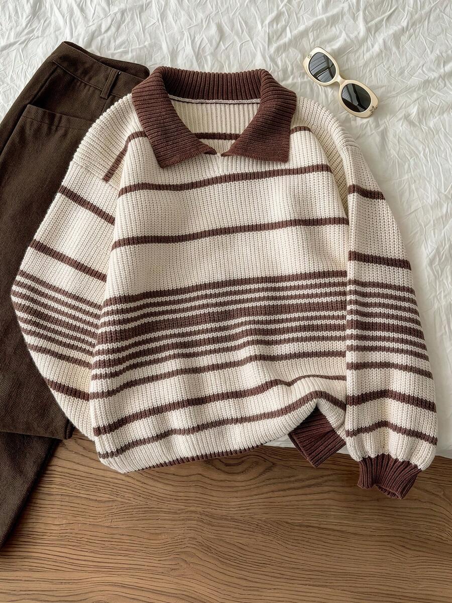 GlowEve CURVE Women's Collared Striped Colorblock Versatile Casual Everyday Pullover Sweater - Apricot - View 1